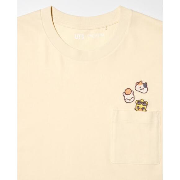 Uniqlo Final Fantasy 14 FFXIV Chocobo Moogle Fat Cat Pocket T-shirt in Natural - Picture 1 of 12